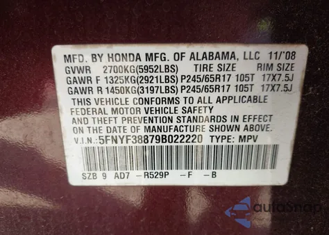 2009 Honda Pilot Touring из США, поврежденный, VIN 5FNYF38879B022220